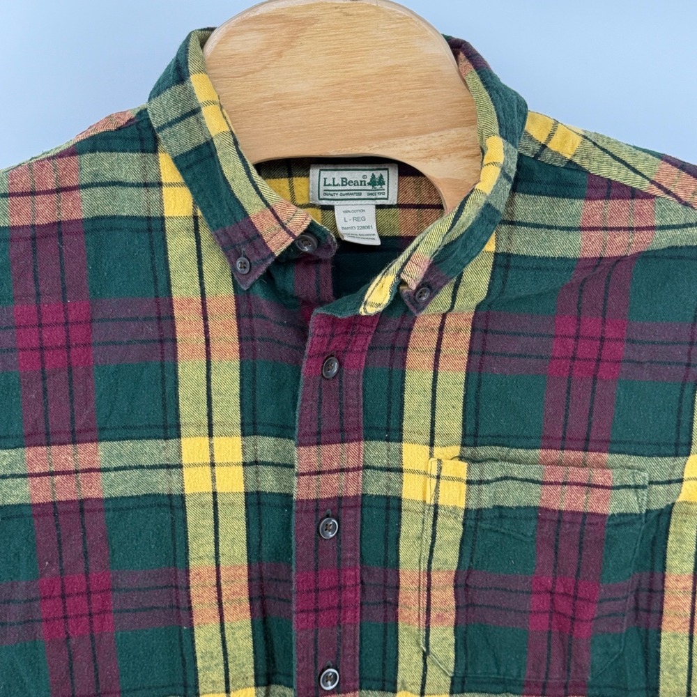 LL Bean‎ Mens L REG Green Burgundy Yellow Plaid Flannel Shirt 100% Cotton